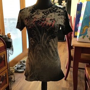 Sinful women’s T shirt Sz Lg. Tie dyed floral print black